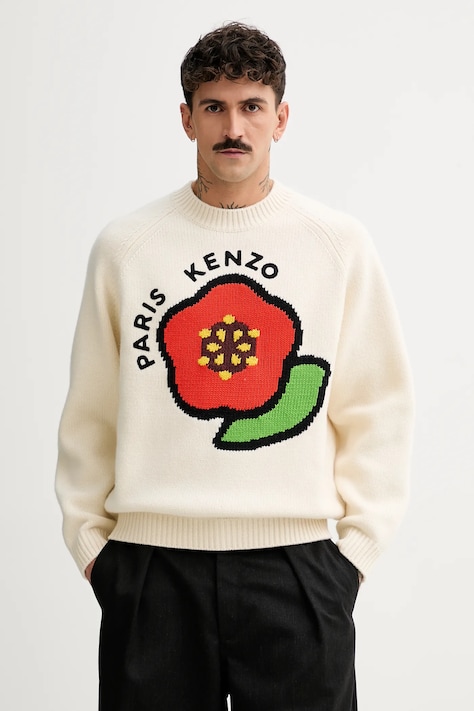Vlnený sveter Kenzo Pop pánsky, béžová farba, teplý, FF55PU7223LA.02