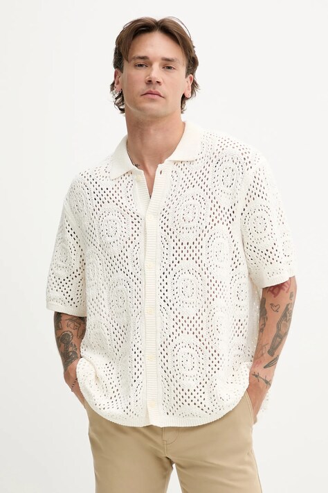 Bavlněný kardigan Levi's SWEATER CAMP SHIRT pánský, béžová barva, 0013G