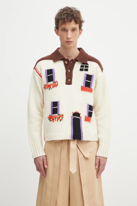 JW Anderson sweter wełniany House Polo męski kolor beżowy ciepły KW1347.YN0413.130