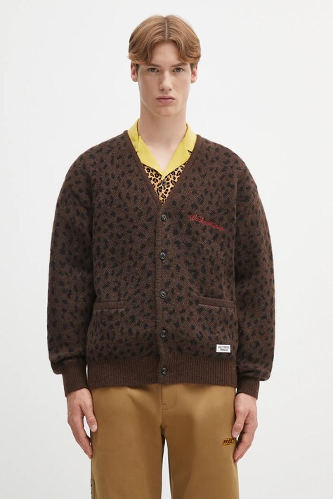 Vlněný kardigan Wacko Maria leopard mohair pánský, hnědá barva, 25SS-WMK-KN10