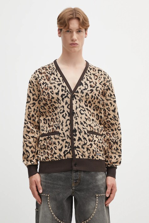 Wacko Maria cotton cardigan leopard jacquard beige color 25SS-WMK-KN14