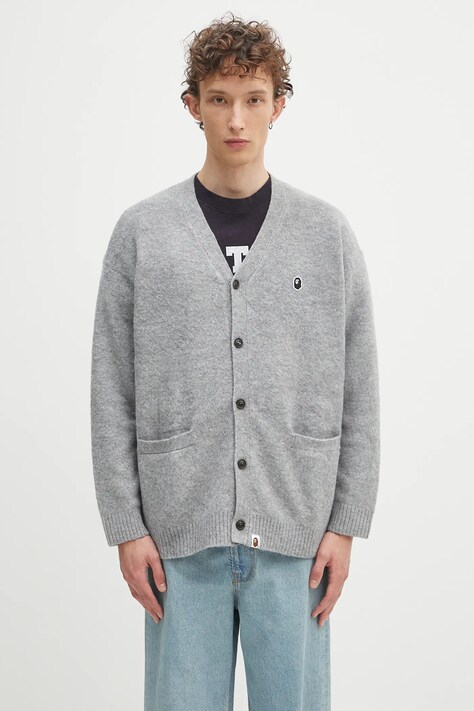 Dětský kardigan s příměsí lnu A Bathing Ape One point pánský, šedá barva, 1K80120004