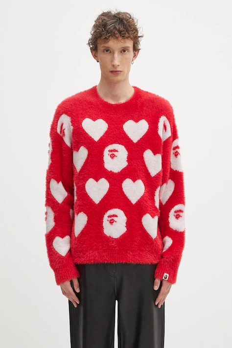 Пуловер с вълна A Bathing Ape I love bape monogram в червено от топла материя 1K80220006