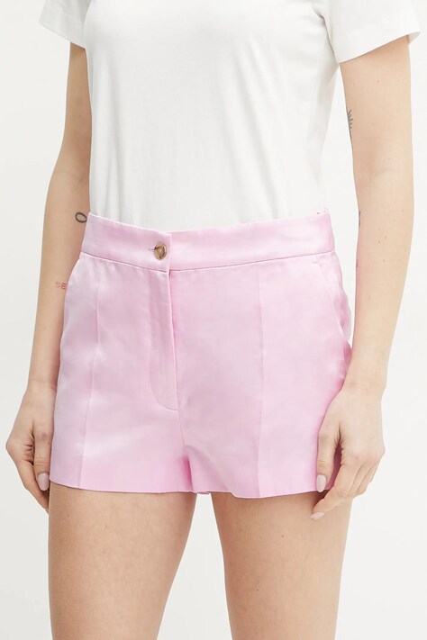 Pinko pantaloni scurți din amestec de in femei, culoarea roz, neted, high waist, 104807 A2BP