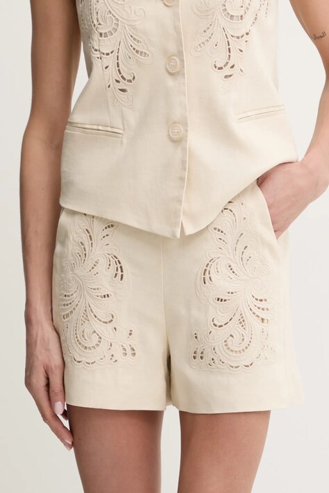 Twinset pantaloni scurți din in femei, culoarea bej, uni, high waist, 251TP2162