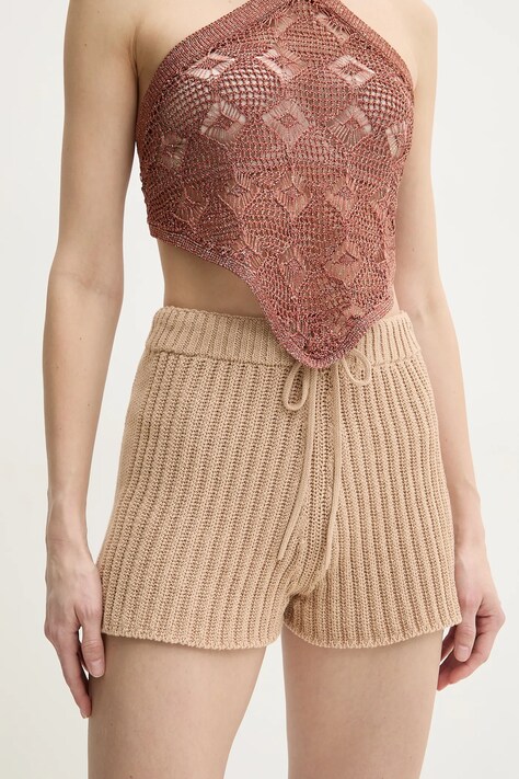 Pamučne kratke hlače Twinset za žene, boja: smeđa, bez uzorka, visoki struk, 251TP3202