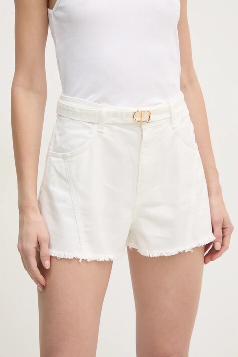 Twinset pantaloni scurti jeans femei, culoarea bej, neted, high waist, 251TP2593