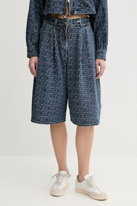 Armani Exchange pantaloni scurți jeans culoarea bleumarin, cu imprimeu, high waist, XW001172 AF12844