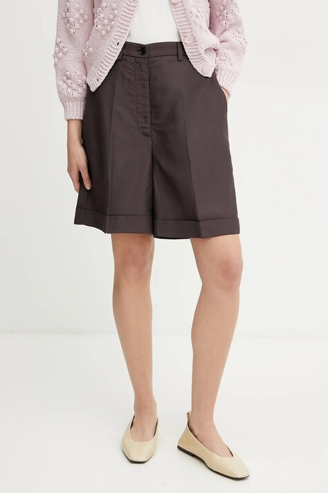 Liviana Conti pantaloni scurți din amestec de in femei, culoarea maro, neted, high waist, L5SM19