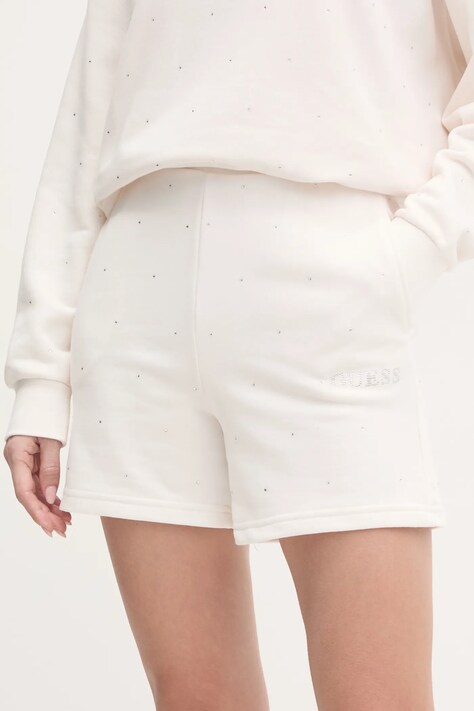 Guess pantaloni scurti RHINESTONES femei, culoarea bej, cu imprimeu, high waist, V5RD03 KCLJ0