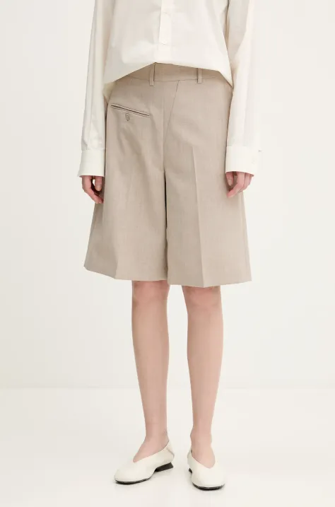 MM6 Maison Margiela pantaloni scurți din lână femei, culoarea bej, neted, high waist, S52MU0125