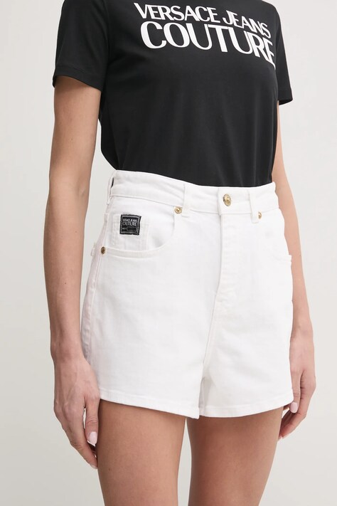 Versace Jeans Couture pantaloni scurți jeans femei, culoarea alb, uni, high waist, 78HAD514 CEWR1