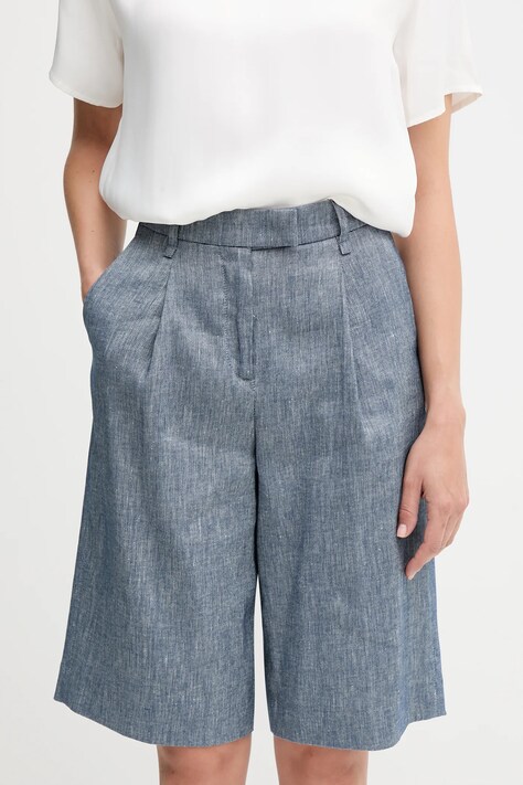 Lněné kraťasy Sisley modrá barva, high waist, 4MNUL901J