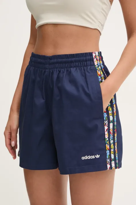 Šortky adidas Originals Liberty dámske, tmavomodrá farba, vzorované, vysoký pás, JC7777