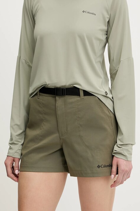 Columbia pantaloni scurți outdoor Brea Falls culoarea verde, uni, high waist, 2118973