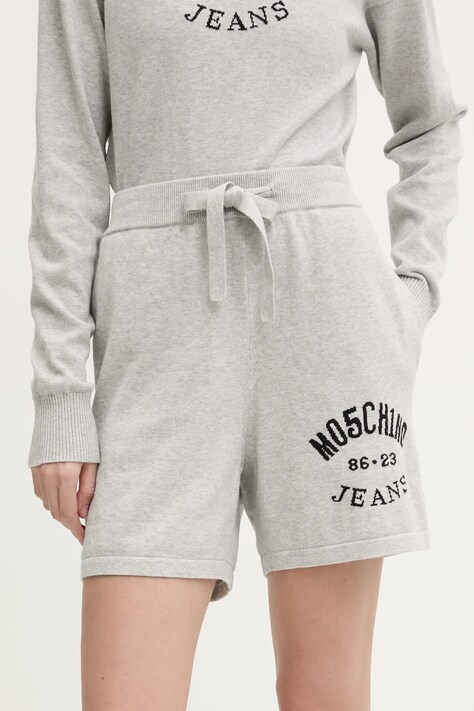 Moschino Jeans pantaloni scurti din bumbac culoarea gri, cu imprimeu, high waist, 0380 3201