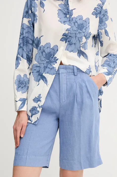 OUI szorty lniane damskie kolor niebieski gładkie high waist 92922