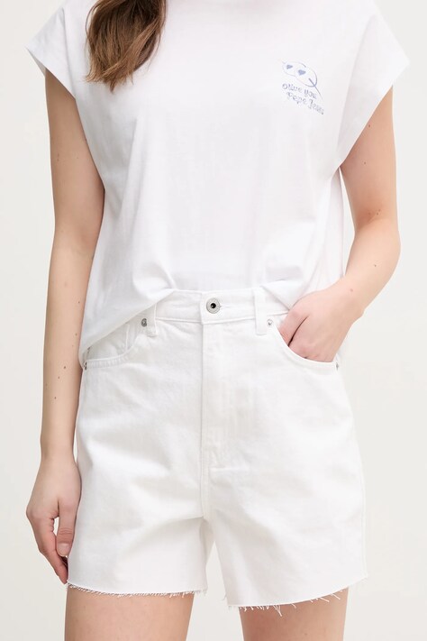 Pepe Jeans pantaloni scurti jeans A-LINE SHORT UHW RACHEL femei, culoarea alb, neted, high waist, PL801112TC0