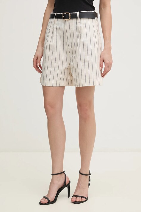 Pepe Jeans vászon rövidnadrág HENAR női, bézs, mintás, magas derekú, PL801163