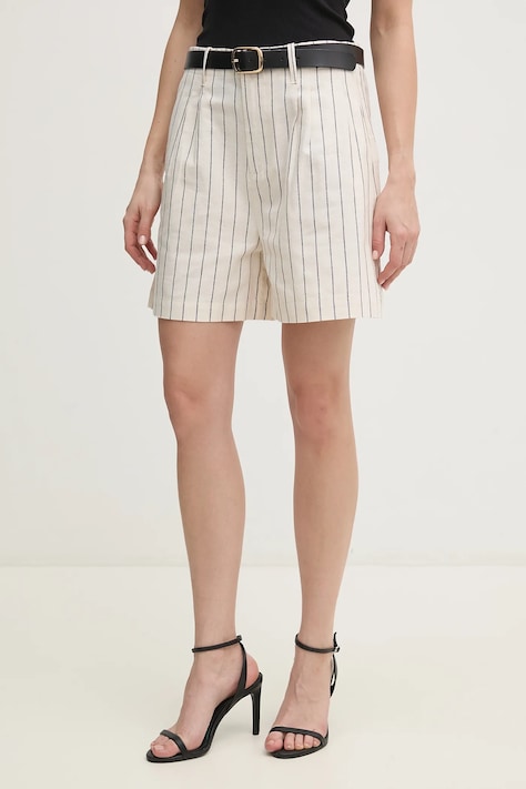 Lněné kraťasy Pepe Jeans HENAR dámské, béžová barva, vzorované, high waist, PL801163