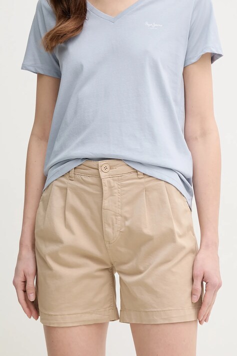 Pepe Jeans pantaloni scurți MID WAIST REGULAR CHINO SHORT VANIA femei, culoarea bej, uni, medium waist, PL801168