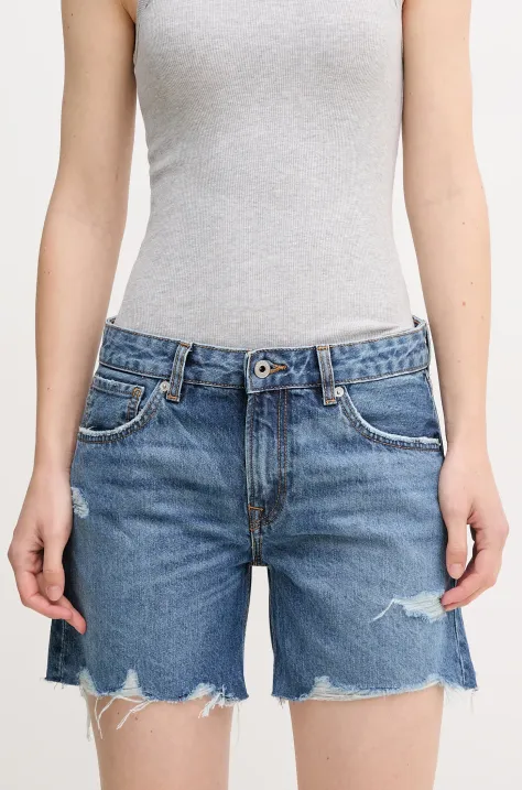 Pepe Jeans pantaloni scurți din bumbac REGULAR SHORT MW DISTRESSED femei, uni, medium waist, PL801186EE6