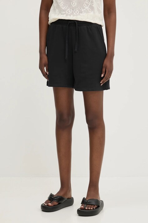 Herschel pantaloni scurti din bumbac femei, culoarea negru, neted, high waist, 50307-00001