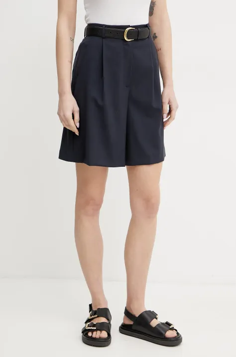 Weekend Max Mara pantaloni scurți din lână femei, culoarea albastru marin, neted, high waist, 2515141011600