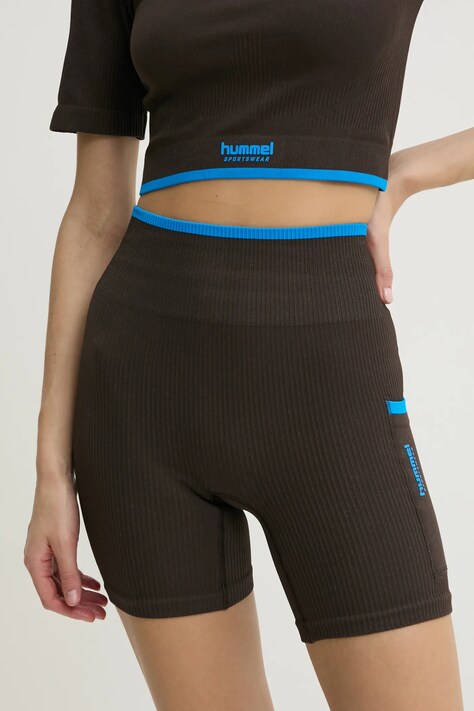 Hummel pantaloni scurți de antrenament culoarea maro, cu imprimeu, high waist, 227630