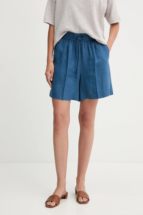 Lněné kraťasy United Colors of Benetton dámské, modrá barva, high waist, 4AGHD901T