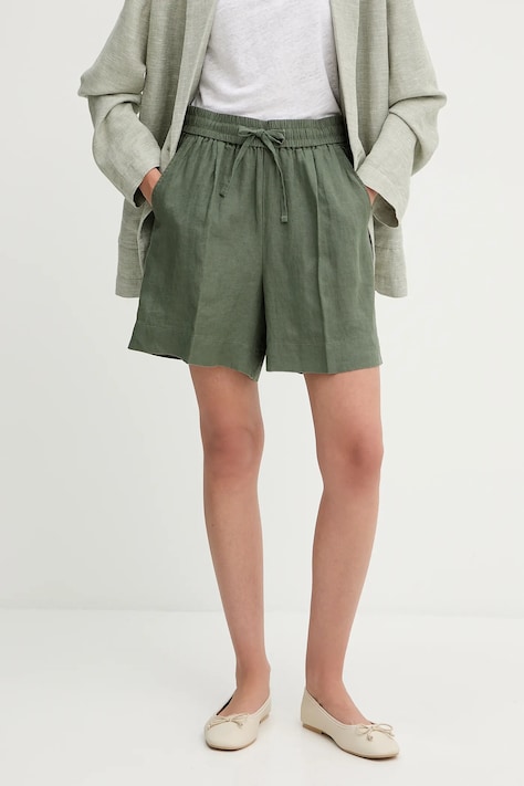 Льняные шорты United Colors of Benetton цвет зелёный однотонные высокая посадка 4AGHD901T