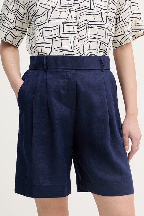 United Colors of Benetton Kratke hlače ženske lanene mornarsko plave srednje visoki struk 4AGHD901V