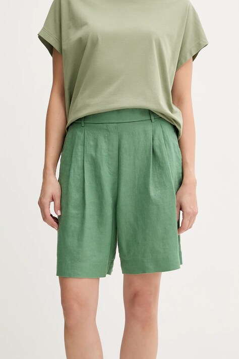 Lněné kraťasy United Colors of Benetton zelená barva, high waist, 4AGHD901V