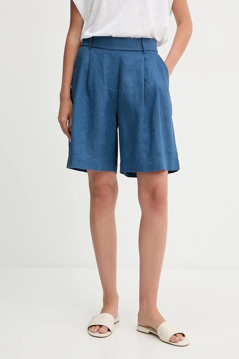 Lněné kraťasy United Colors of Benetton tmavomodrá barva, high waist, 4AGHD901V