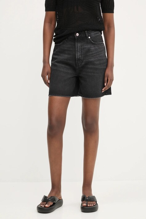 Džínové šortky HUGO dámské, černá barva, hladké, high waist, 50538855