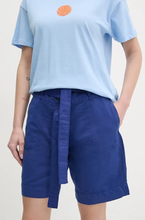 Ľanové šortky Napapijri N-Nice dámske, tmavomodrá farba, jednofarebné, vysoký pás, NP0A4IEXB2U1