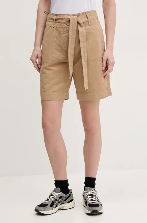 Ľanové šortky Napapijri N-Nice dámske, béžová farba, jednofarebné, vysoký pás, NP0A4IEXN1Q1