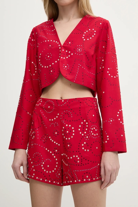 Never Fully Dressed pantaloni scurti Gem femei, culoarea rosu, cu imprimeu, high waist, NFDTR423