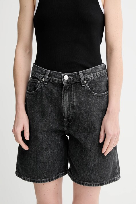 Samsoe Samsoe pantaloni scurți din denim SASHELLY culoarea gri, uni, high waist, F25100167