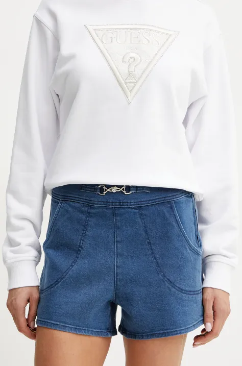 Guess szorty z domieszką jedwabiu JEWEL damskie kolor niebieski gładkie high waist W5GD1F D5LK0