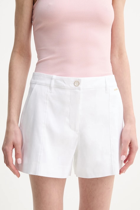 Lněné kraťasy Guess ISABEAU dámské, bílá barva, hladké, high waist, W5GD1W WH5L2