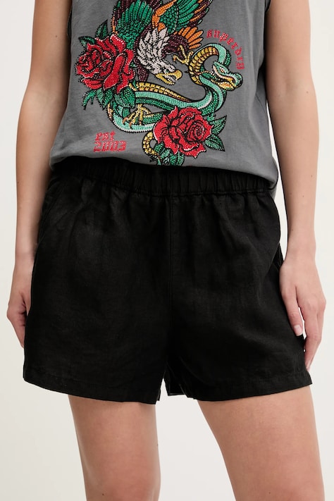 Ľanové šortky Superdry čierna farba, jednofarebná, vysoký pás, W7110450A-02A