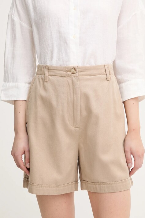 Tommy Hilfiger pantaloni scurți culoarea bej, uni, high waist, WW0WW44762