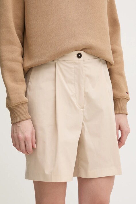 Kraťasy Tommy Hilfiger dámské, béžová barva, hladké, high waist, WW0WW44764