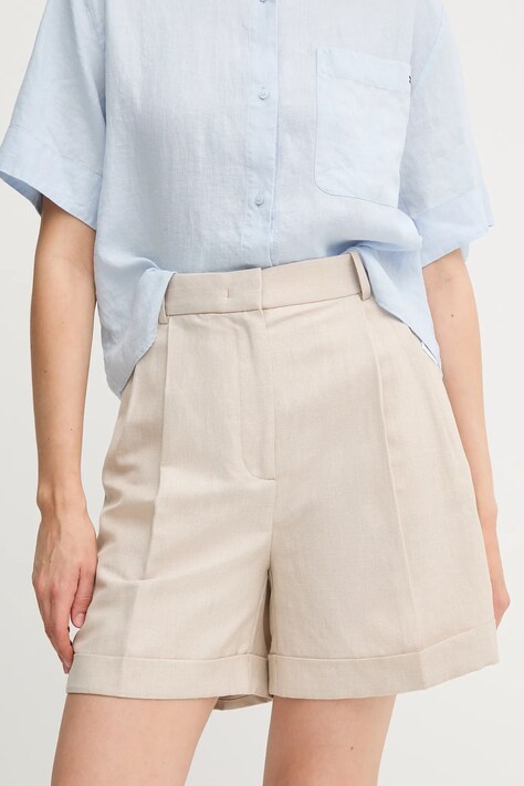 Tommy Hilfiger pantaloni scurți din amestec de in culoarea bej, neted, high waist, WW0WW44767