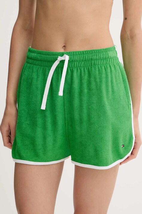 Tommy Hilfiger pantaloni scurti femei, culoarea verde, cu imprimeu, high waist, UW0UW05951