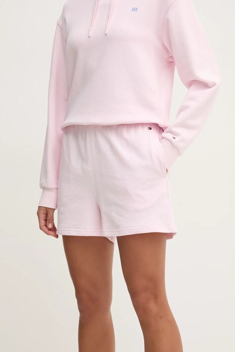 Tommy Hilfiger pantaloni scurți femei, culoarea roz, uni, high waist, UW0UW05800