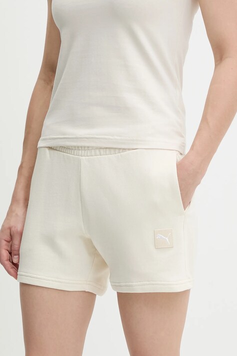 Puma pantaloni scurți din bumbac culoarea bej, uni, high waist, 685020