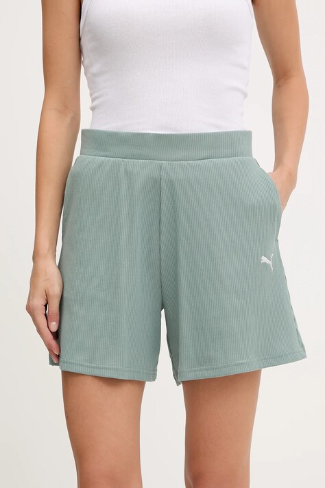 Puma pantaloni scurți culoarea verde, neted, high waist, 685026