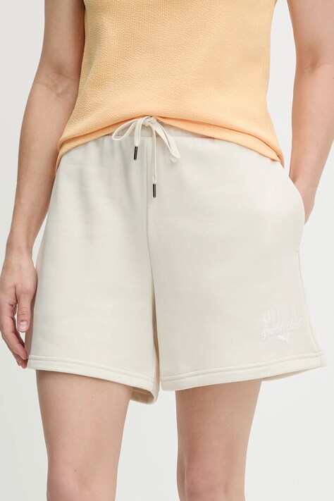 Puma pantaloni scurți culoarea bej, cu imprimeu, high waist, 685038